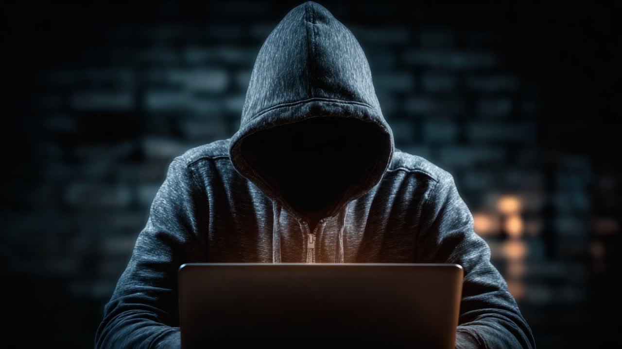 Una figura oscura incappucciata siede davanti a un laptop luminoso, immersa nel mondo digitale, a simboleggiare l'anonimato e la natura enigmatica delle attività online e della cybersicurezza.