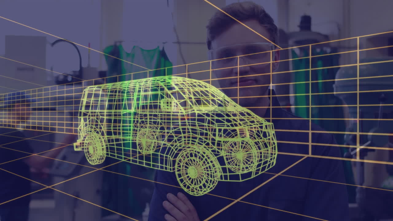 animación de un dibujo de coche en 3d sobre un hombre con gafas de protección
