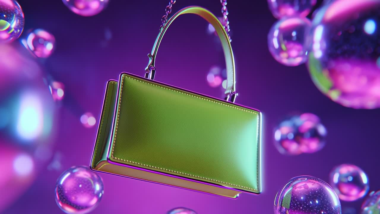 A Stunning Green Handbag Surrounded by Colorful Bubbles in a Dreamlike Setting, Showcasing Modern Fashion and Elegant Accessories in a Playful Atmosphere with Vibrant Colors and Textures
