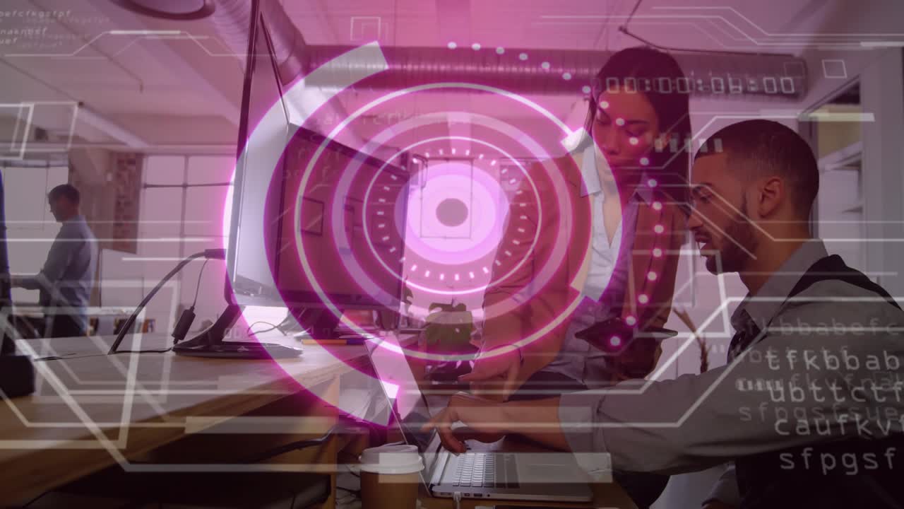 Man sitting reaching keyboard, lifting device, woman pointing screen, tech HUD guiding review
