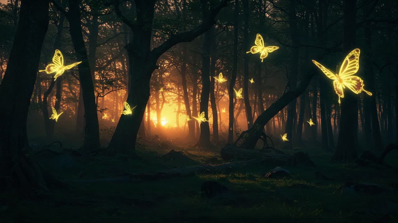 A Magical Forest at Dusk with Glowing Butterflies Dancing Through the Trees Illuminated by a Beautiful Sunset