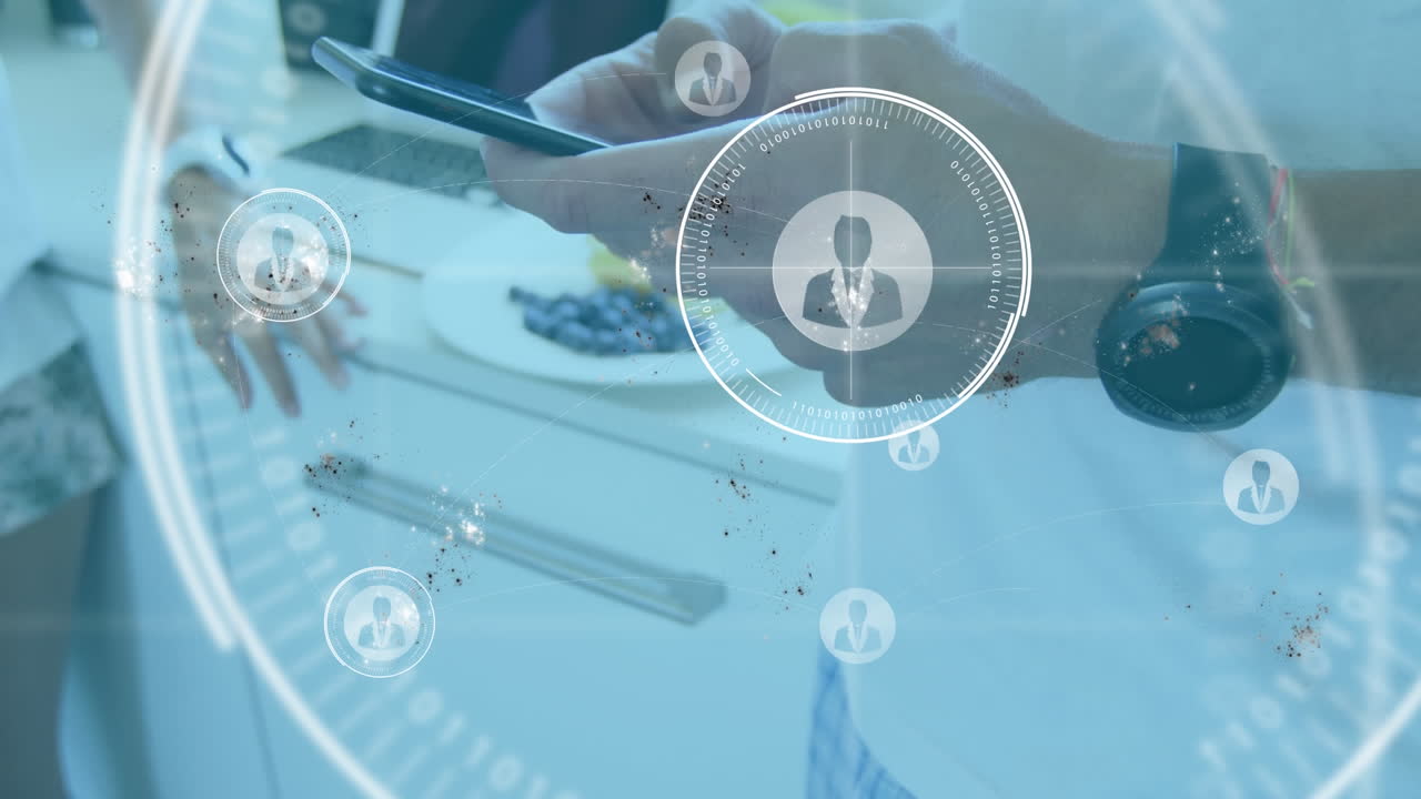 사람 아이콘과 함께 사무실에서 스마트폰을 사용하는 사업가 애니메이션.