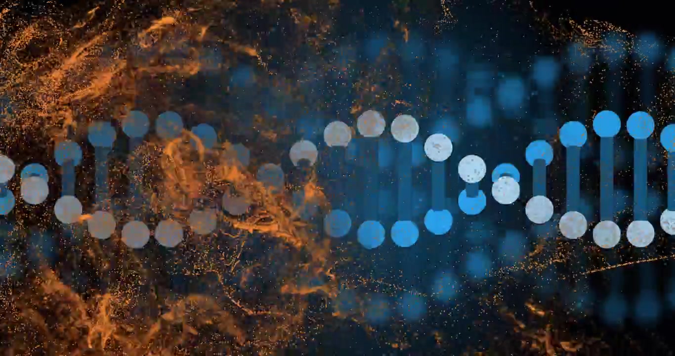 Nuvem de partículas laranja emergindo e entrelaçando-se através de hélice azul-acinzentada, revelando forma de dados