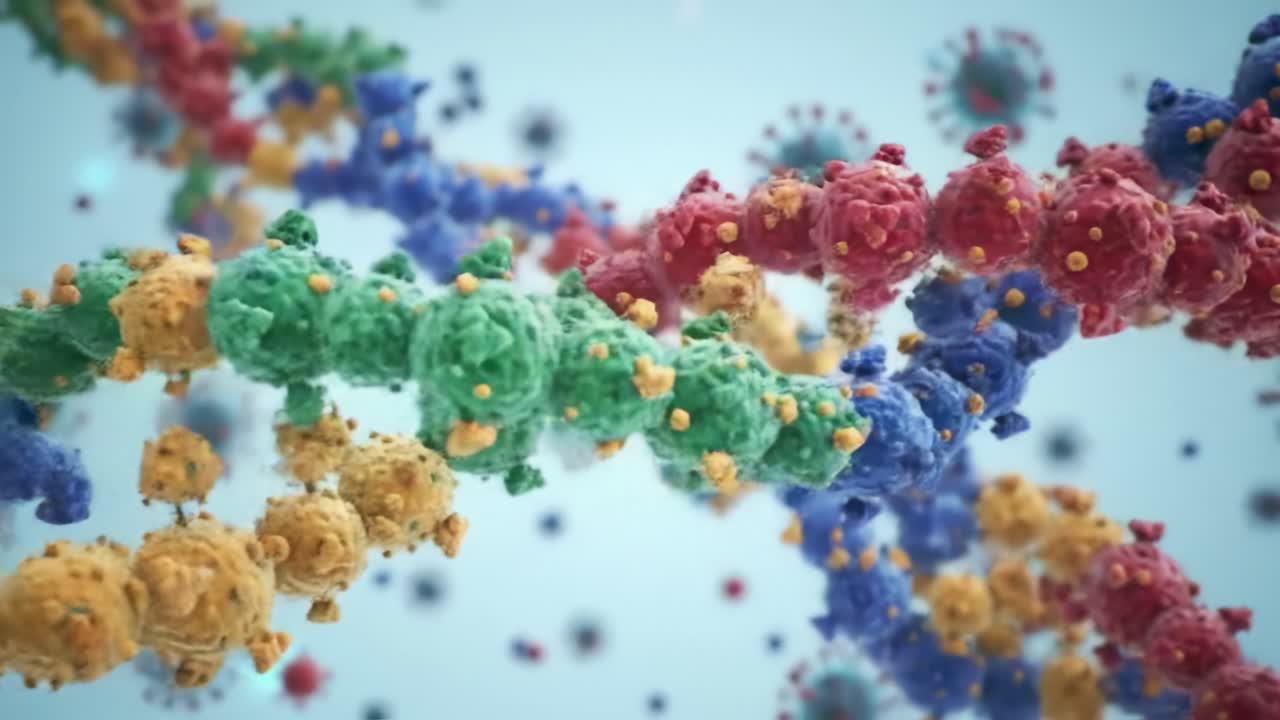 Vibrant Microscopic View of Colorful Molecular Structures, Showcasing Intricate Interactions Among DNA and Protein Chains in a Dynamic Biological Environment