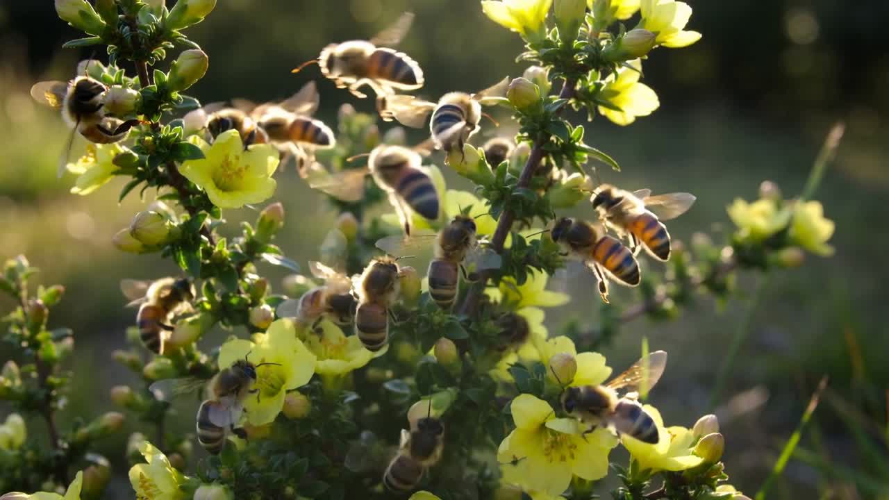 牧草地にある黄色い低木は、蜜と花粉を求めて採餌するミツバチたちを最初に引き寄せている。