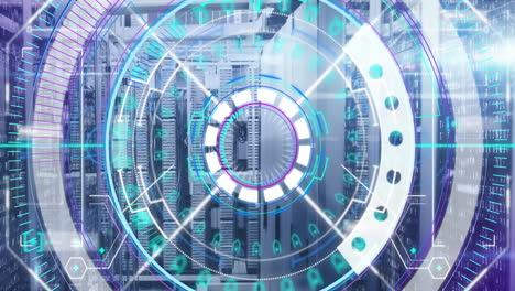 digital animation of round neon scanner and data processing against empty server room