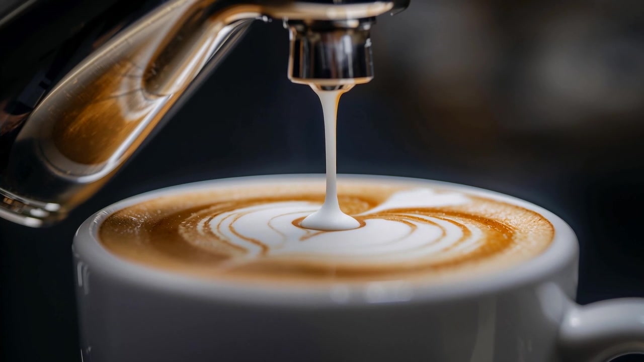 En hvid keramikkop modtages, mens en metaldyse frigiver en mælkesøjle på en kaffebar, der skaber latte art.