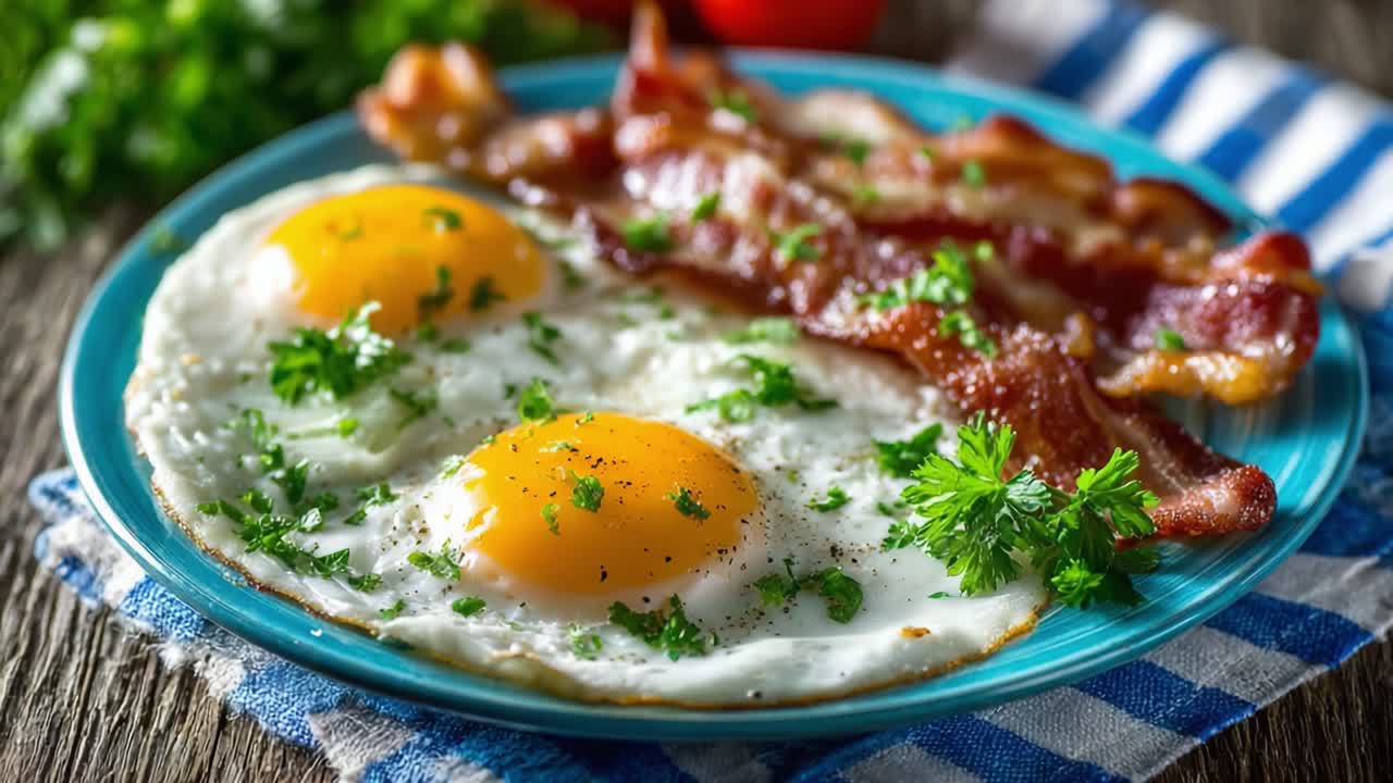 Un Delicioso Plato de Huevos Fritos Perfectamente y Tocino Crujiente Resaltando la Exquisitez de un Desayuno Clásico con Hierbas Frescas