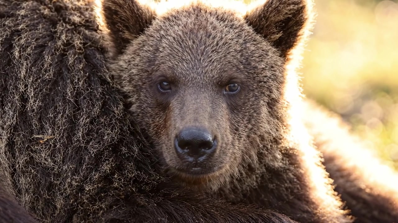 Primo piano accattivante di un giovane orso raggomitolato, che mostra la sua morbida pelliccia e l'espressione curiosa in un ambiente naturale sereno