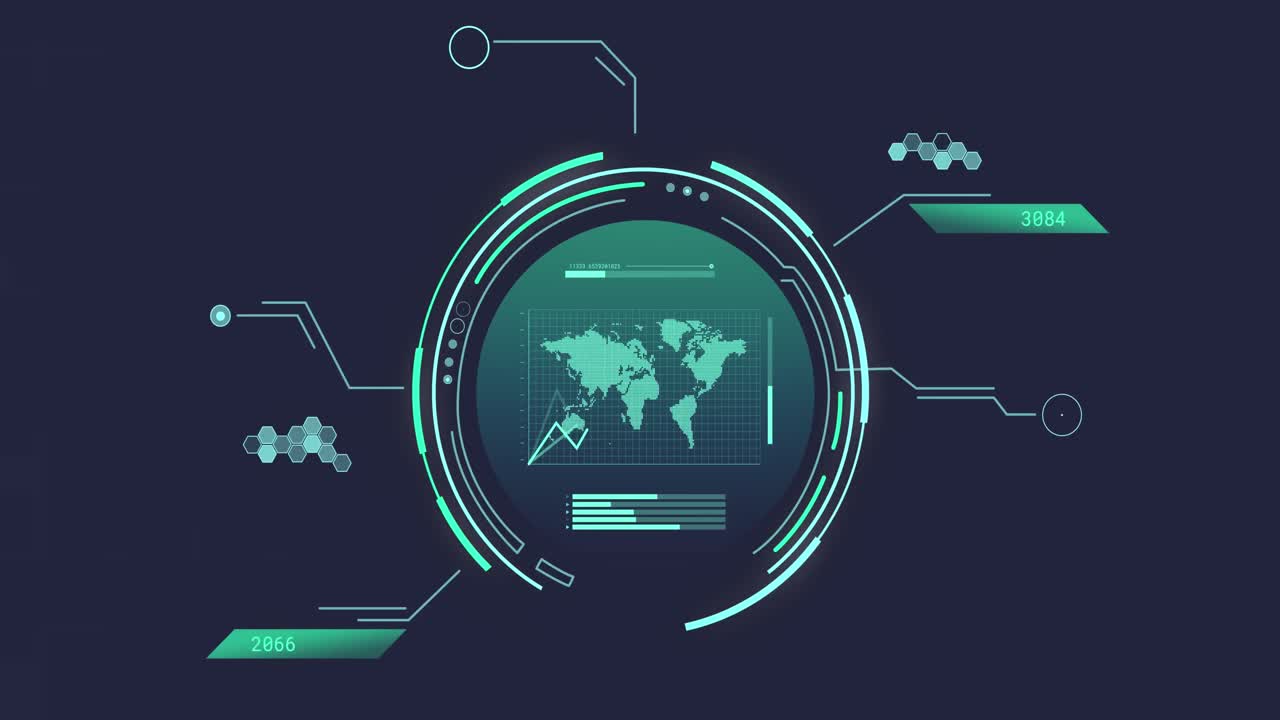 Animation of world map and data processing over round scanner against blue background