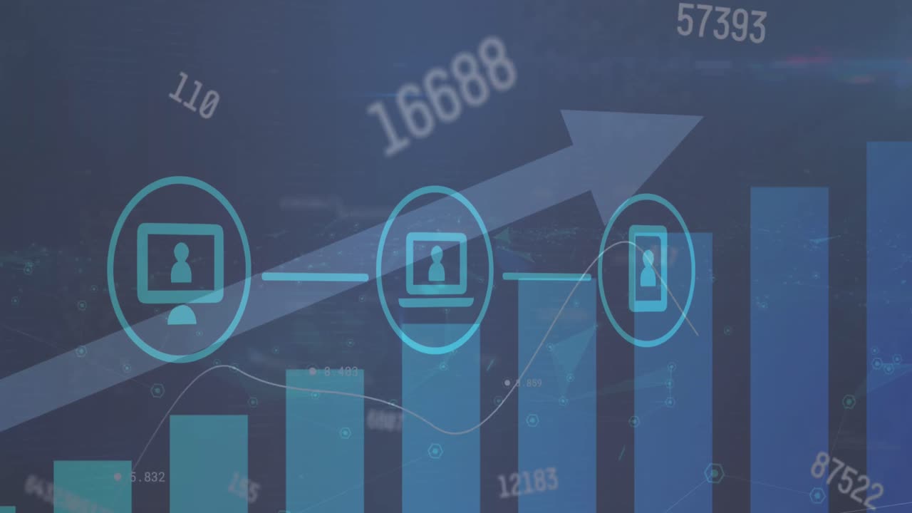 animación de iconos conectados con líneas sobre gráficos con flecha hacia arriba y números cambiantes.