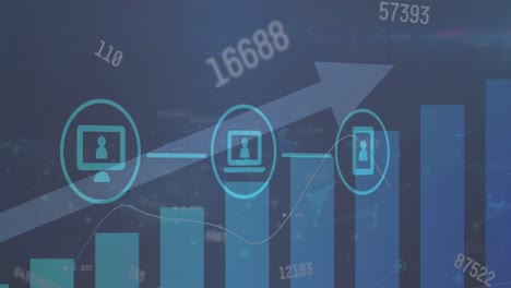 Animation-of-icons-connected-with-lines-over-graphs-with-upwards-arrow-and-changing-numbers