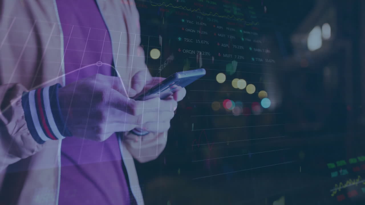 Animation of financial data processing over caucasian man using smartphone