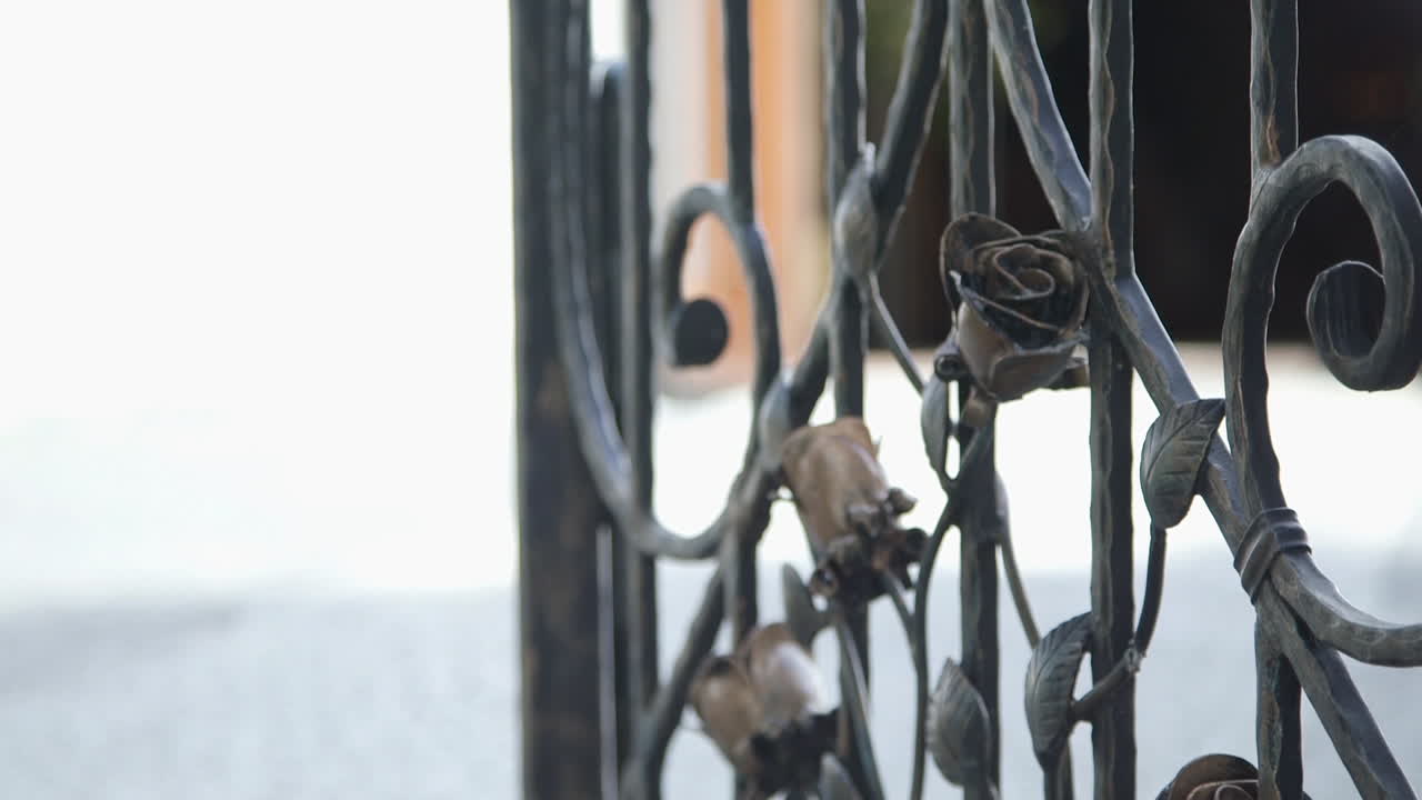 Gros plan d'une clôture ornée en fer forgé avec des roses en métal