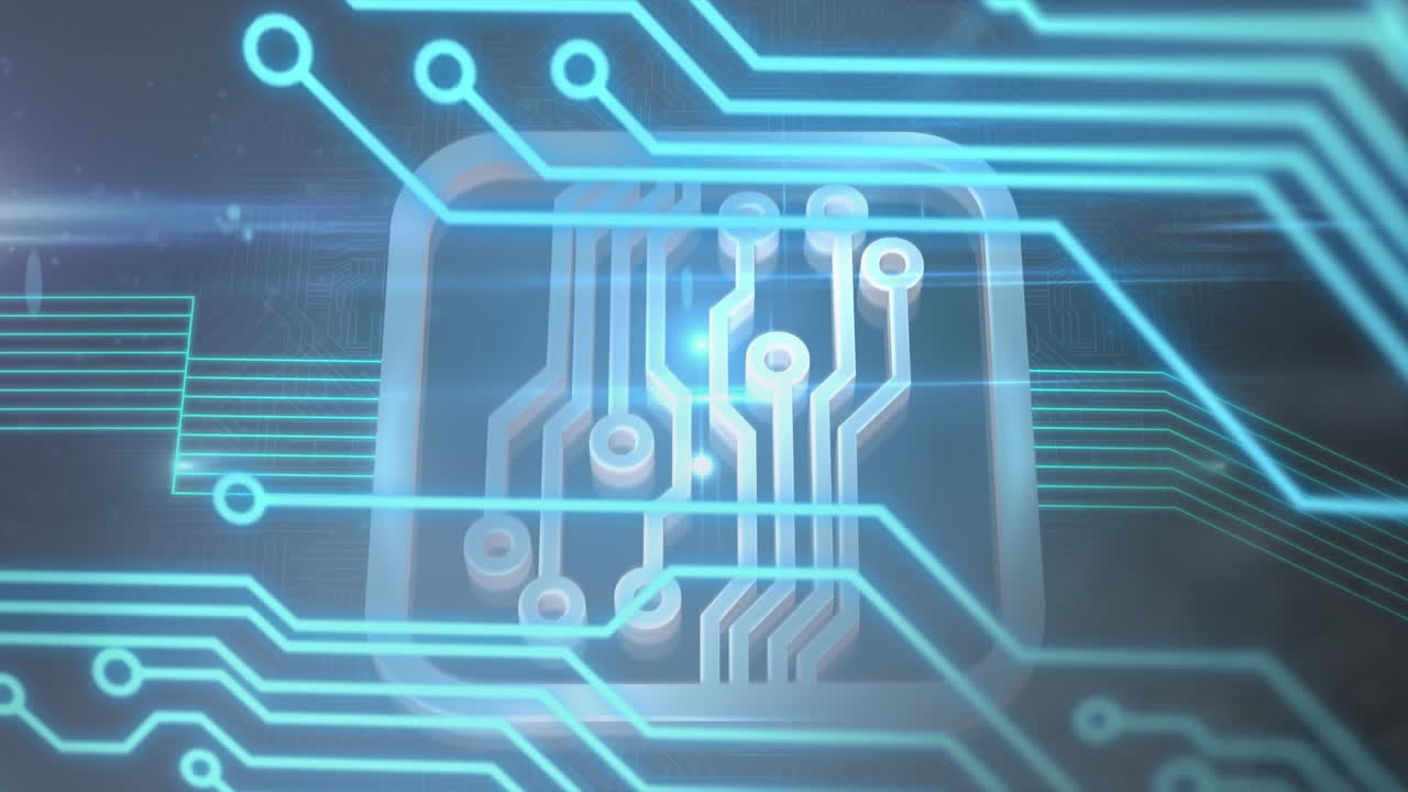 프레임에서 기술 아이콘과 함께 움직이는 파란색 마이크로프로세서 연결의 애니메이션