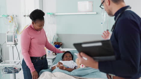 doctor, check and mother with child in hospital