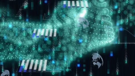 animation of binary codes moving in wave patterns over globes and graphs