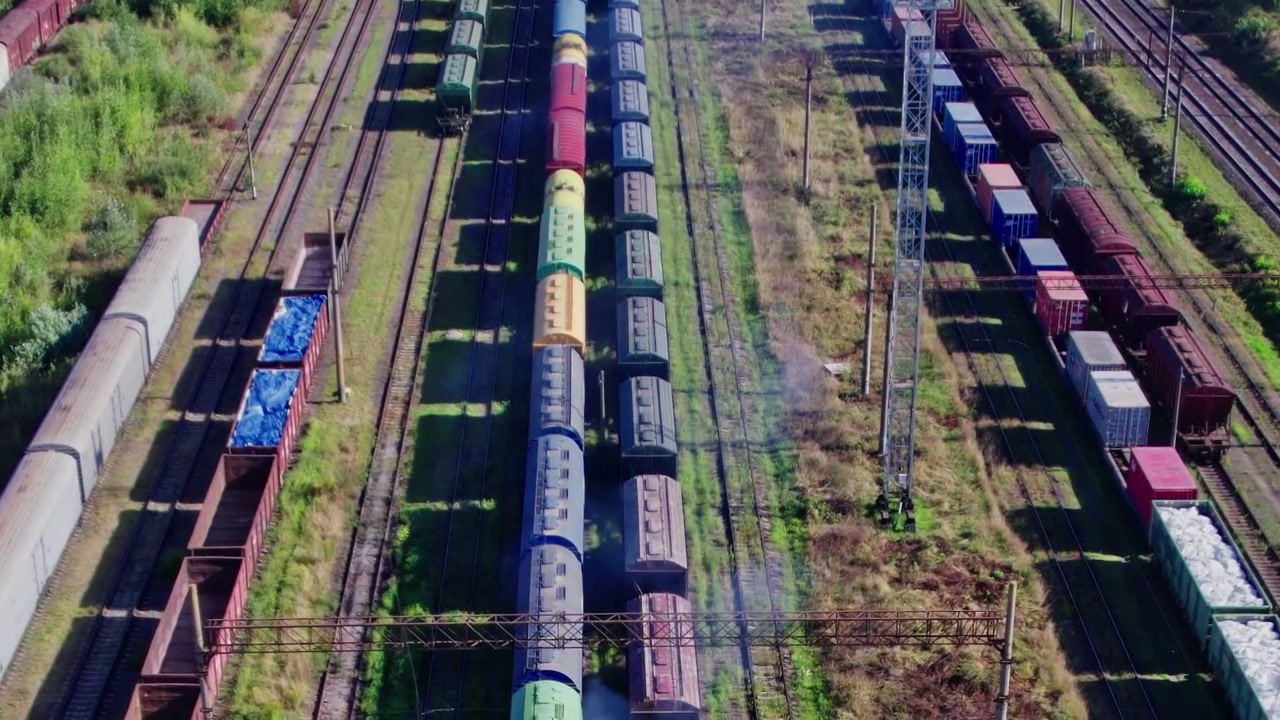 Vagoni ferroviari allineati lungo la ferrovia in un grande scalo merci in zona rurale