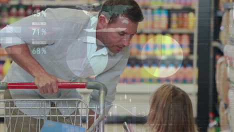 Animation-of-financial-data-processing-over-caucasian-man-with-daughter-shopping-in-grocery-store