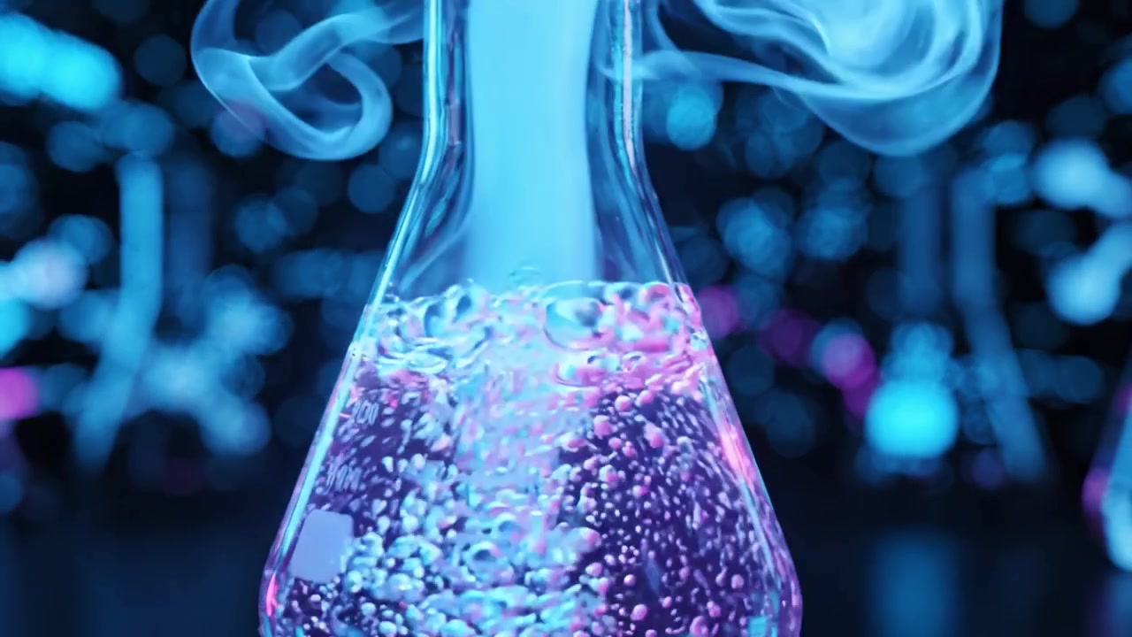 Una vivace scena di laboratorio con una fiaschetta di vetro riempita di liquido colorato, che evidenzia l'essenza della scoperta scientifica e degli esperimenti in un ambiente moderno.