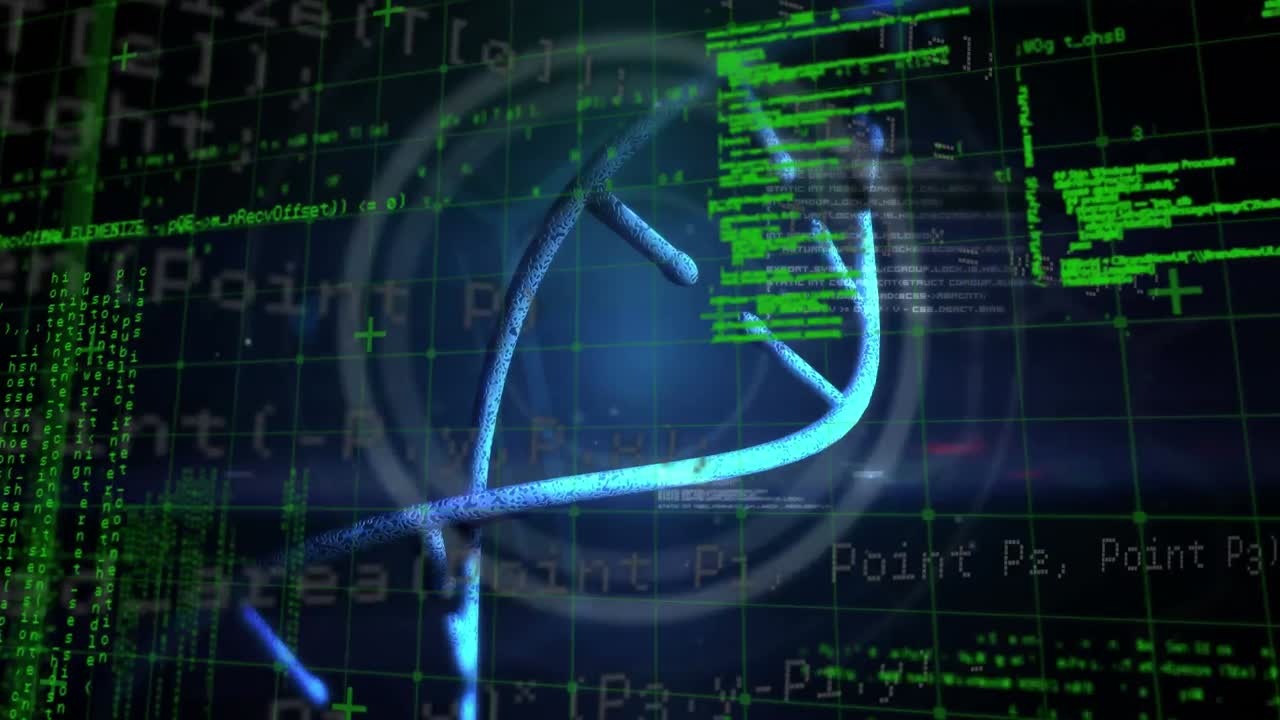 Animation of science data processing over dark background