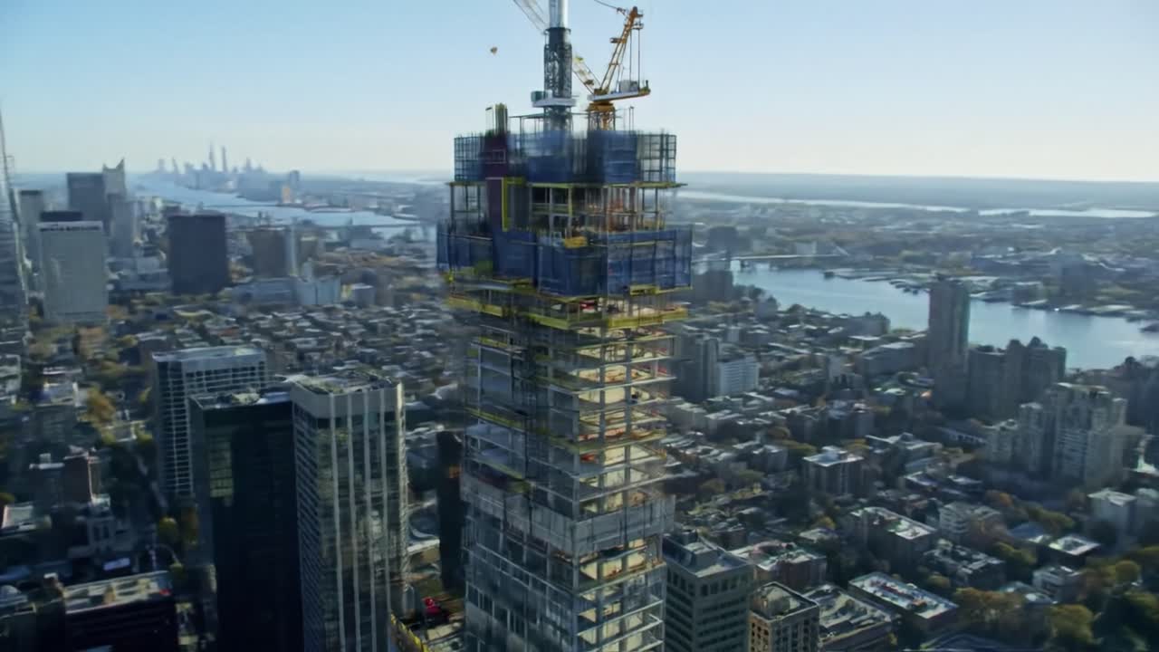 Aerial View of Tower Construction Progress: Showcasing the Transformation of a Metropolitan Skyline with Ongoing Urban Development and Architectural Innovation