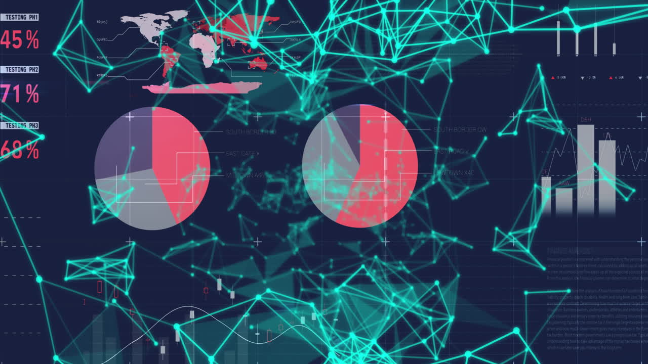 animación de redes de plexus sobre el procesamiento de datos estadísticos contra un fondo azul.
