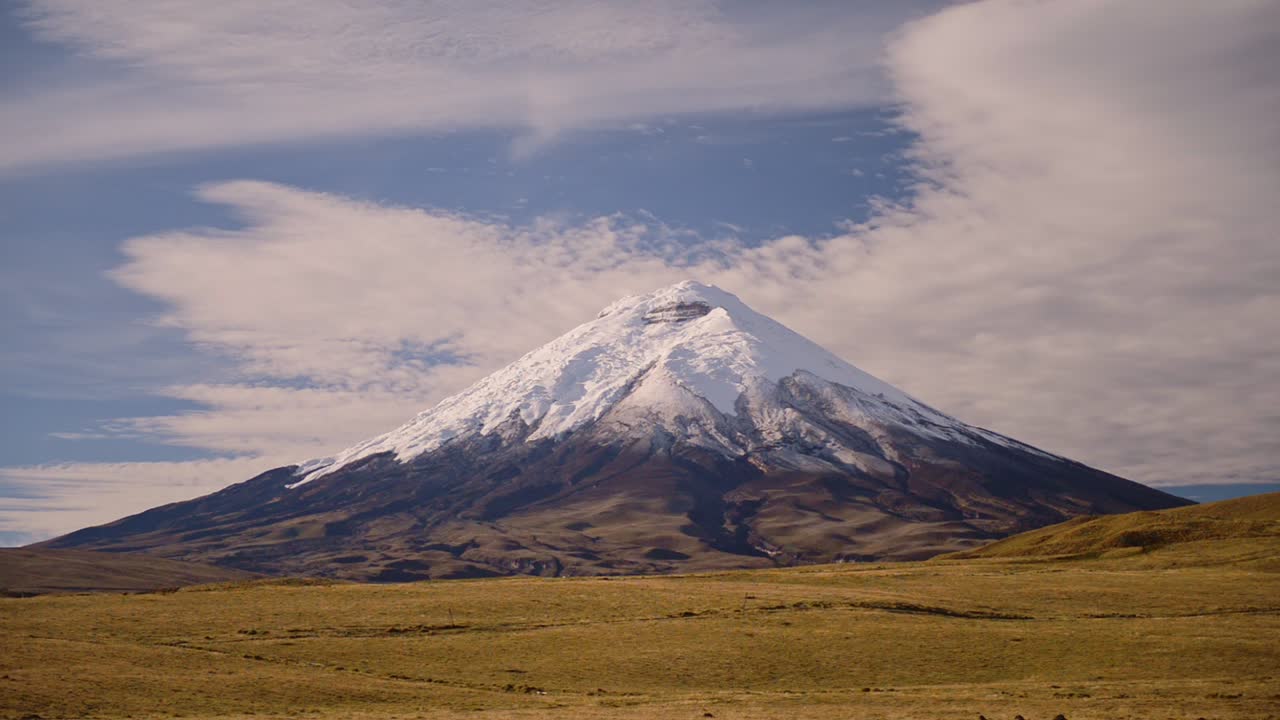 Landscape view of Cotopaxi volcano with snow capped peak, Ecuador