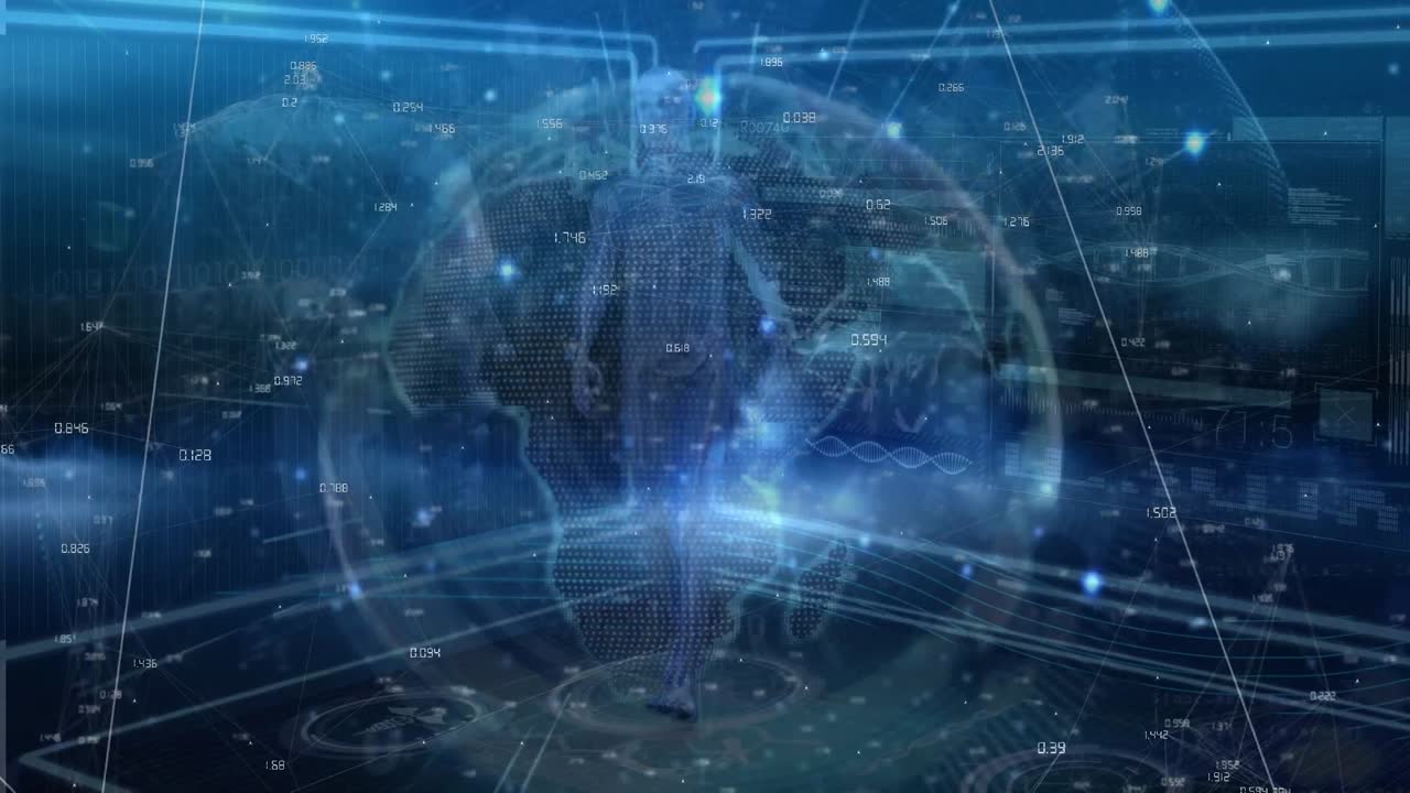 Animation of network of connections over globe and data processing on black background