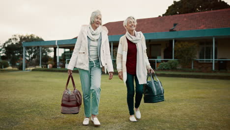 retirement, hobby and senior woman friends walking