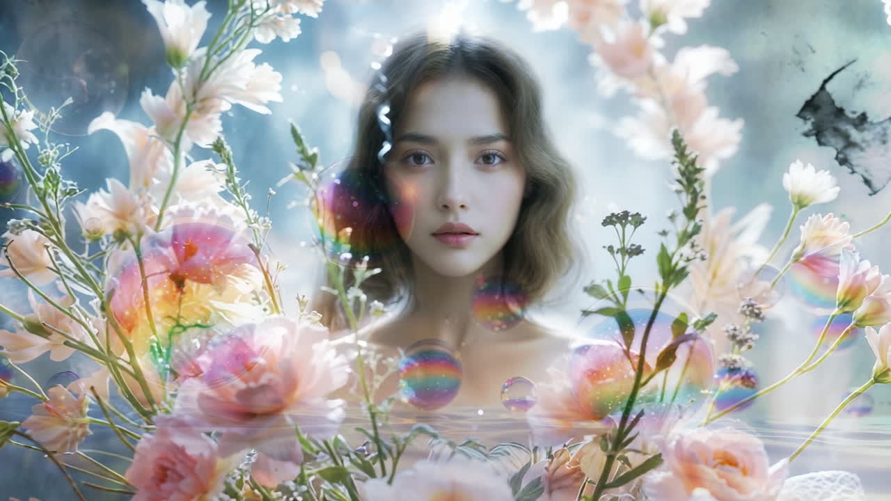 Ethereal Woman Surrounded by Dreamy Flowers and Bubbles