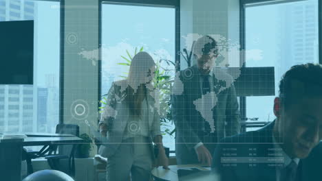 animation of financial data processing over diverse colleagues discussing work in office