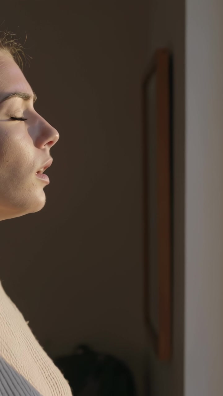 Vertical video: Warm sun causing woman in knit top breathing beside window, frame bag, copy space