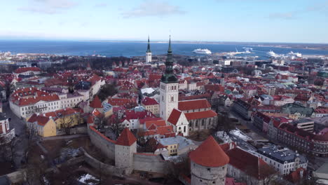 panoramic view of tallinn old town, gulf of finland in background