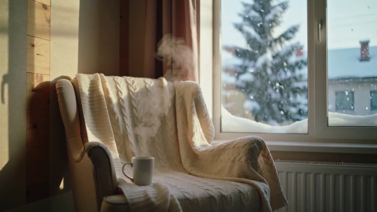 Vapore che sale da una tazza bianca su poltrona imbottita con coperta in maglia color crema accanto alla finestra, bevanda calda che si raffredda.