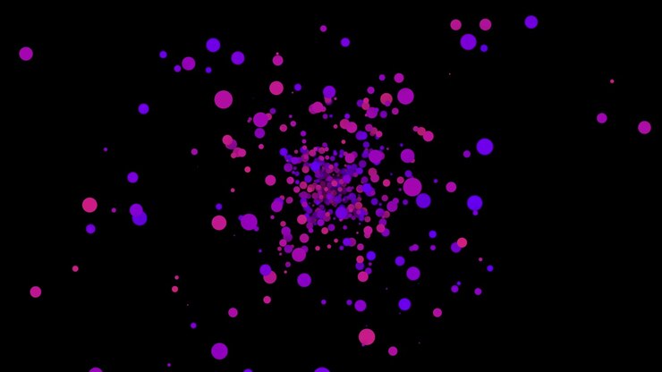 Abstrakti liikegrafiikka kelluvista purppuran ja vaaleanpunaisen värisistä palloista