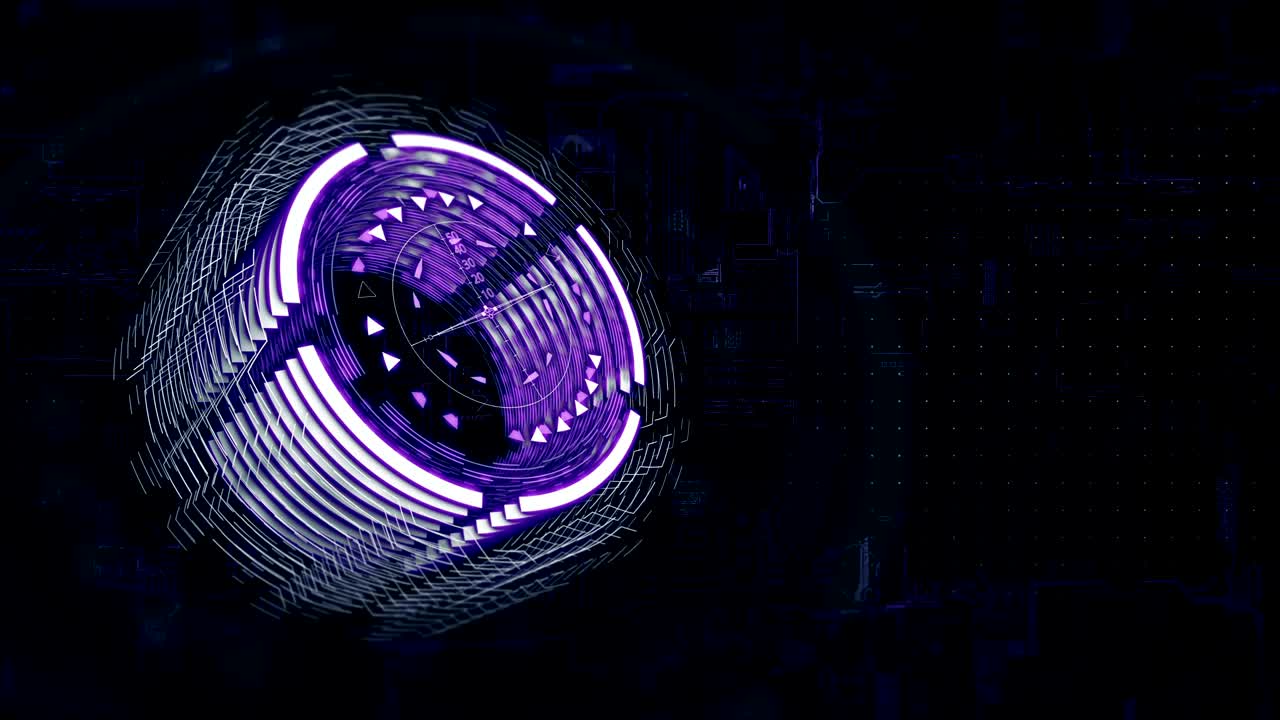 cilindro púrpura 3d está girando en el espacio, fondo una placa de carga eléctrica 4k