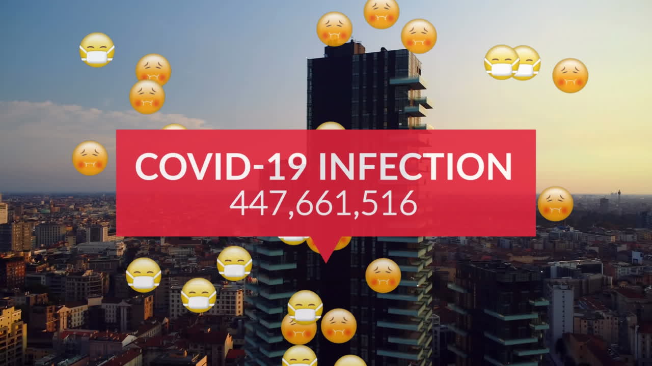 animación del procesamiento de datos de covid 19 con emojis con máscaras faciales sobre el paisaje urbano