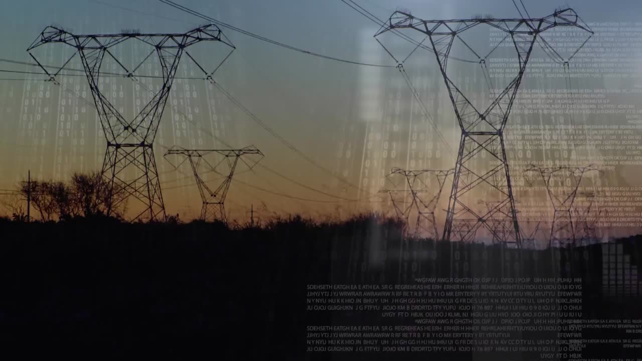 전기 기둥과 함께 풍경 위의 데이터 처리 및 바이너리 코딩의 애니메이션