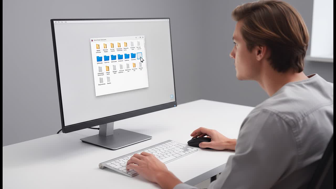 Man working on desktop computer organizing digital files on screen in minimal office environment with clean workspace