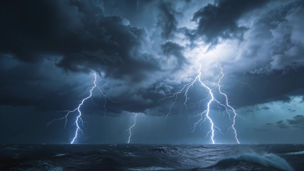 Blížící se pás bouřkových mraků s blýskajícími se klikatými blesky nad otevřeným oceánem, osvětlující rozbouřené vlny.