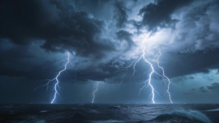 Fascia di nuvole temporalesche in avvicinamento che scarica fulmini a zig-zag sull'oceano aperto, illuminando le onde agitate