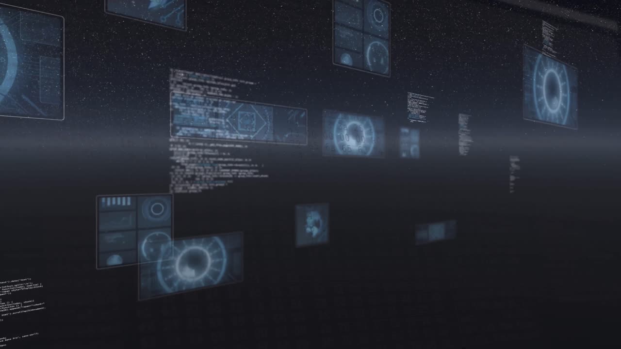 Animation of screens with round scanner and data processing against space