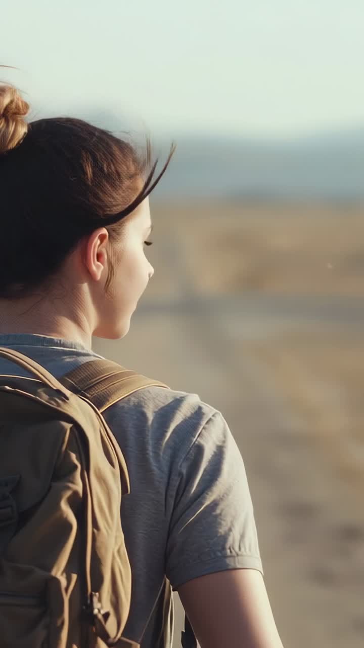 Video verticale: una escursionista riprende a camminare dopo una pausa e si muove lungo il sentiero verso le colline con lo zaino in spalla