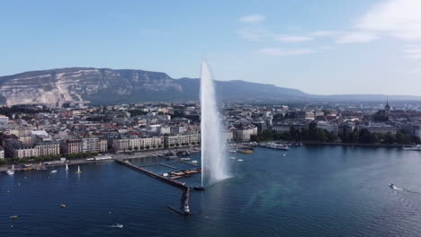 Famosa-Fuente-De-Agua-En-Ginebra,-Revelación-Aérea-Con-Paisaje-Urbano-Y-Lago