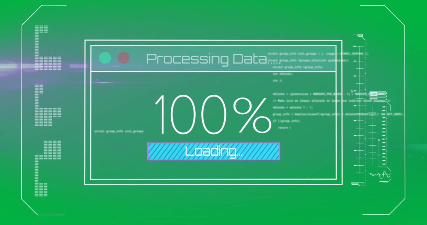 Animation of text processing data and loading, with time bar and percentage on purple interface