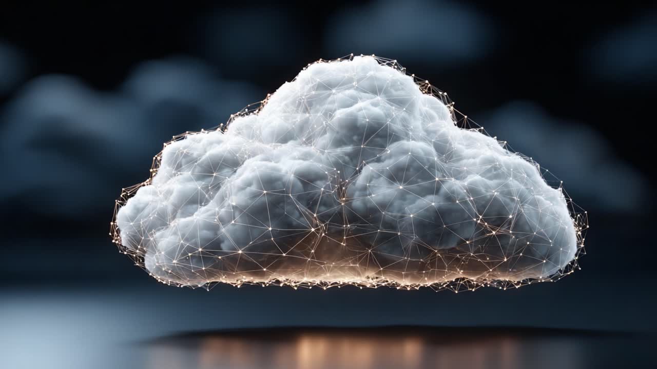 A Dynamic Representation of a Cloud Formed by Interconnected Nodes, Emanating an Ethereal Glow That Highlights Its Textured, Layered Structure in a Digital Environment