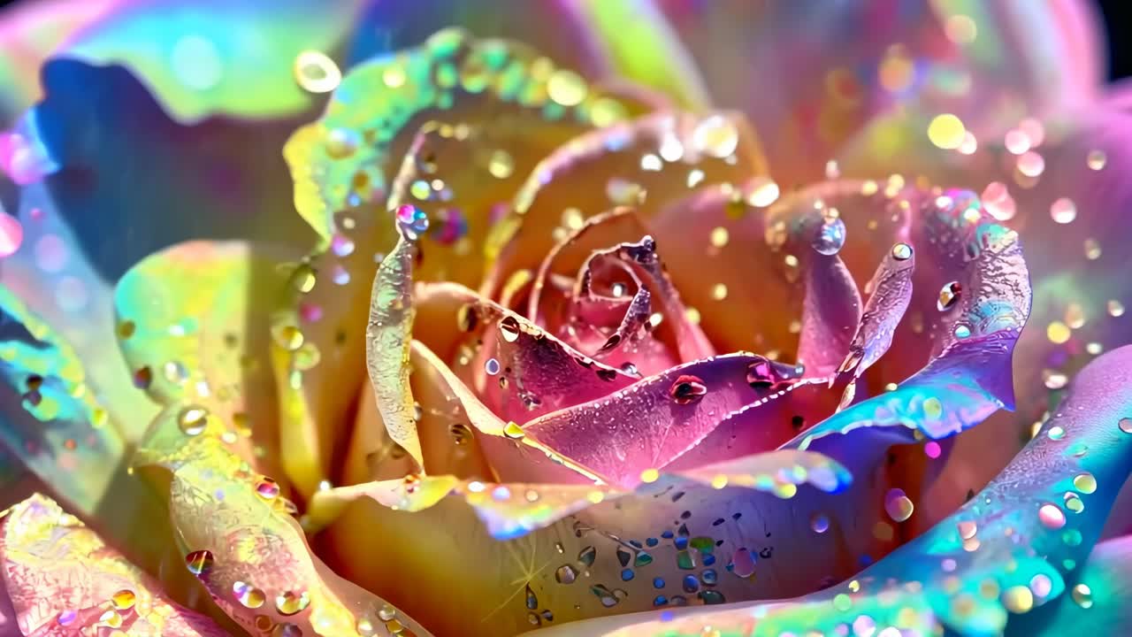 Close-up of a vibrant, rainbow-colored rose with water droplets, captured from a top-down angle