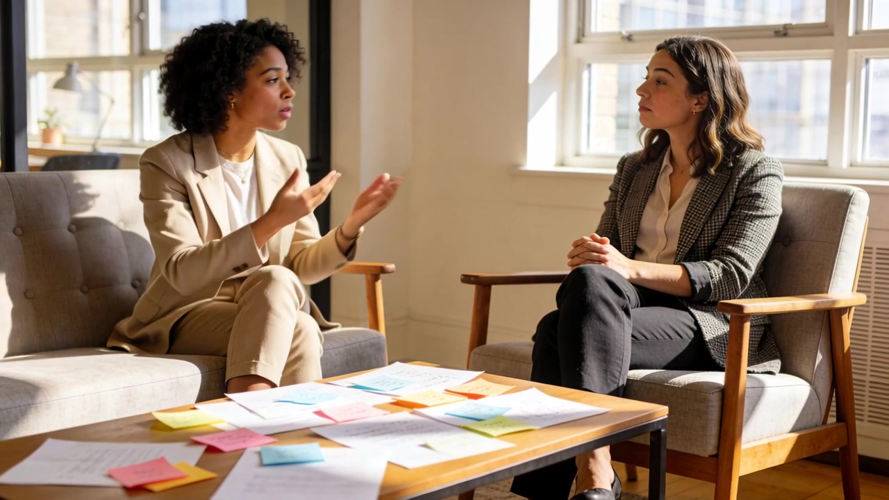 Donna che parla in tailleur beige che sistema post-it su un tavolo in ufficio, con un collega che ascolta e pianifica.