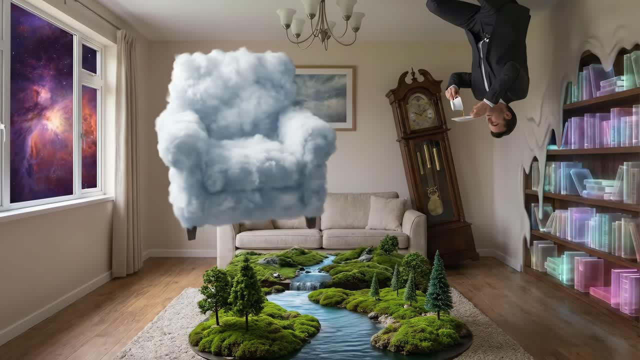 Salotto surreale con uomo capovolto e paesaggio in miniatura